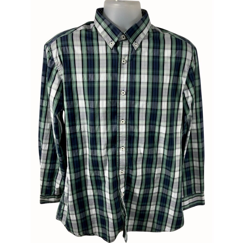 Nick Graham Mens Green Blue Plaid Stretch Modern Fit Button Down Shirt Large